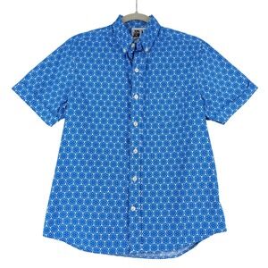 Kennington Mens Blue Geometric Print Short Sleeve Button Up Shirt M